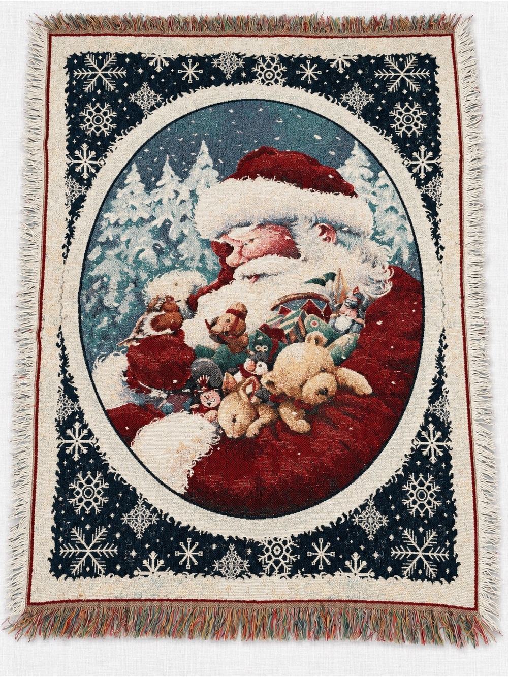 Vintage Santa Christmas Woven Tapestry Throw Blanket Snowflake Fringe